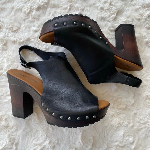 Korks Arden Platform Sandal Size 9 Wood Block Heel Studded Clog Black Peep Toe - Picture 1 of 14